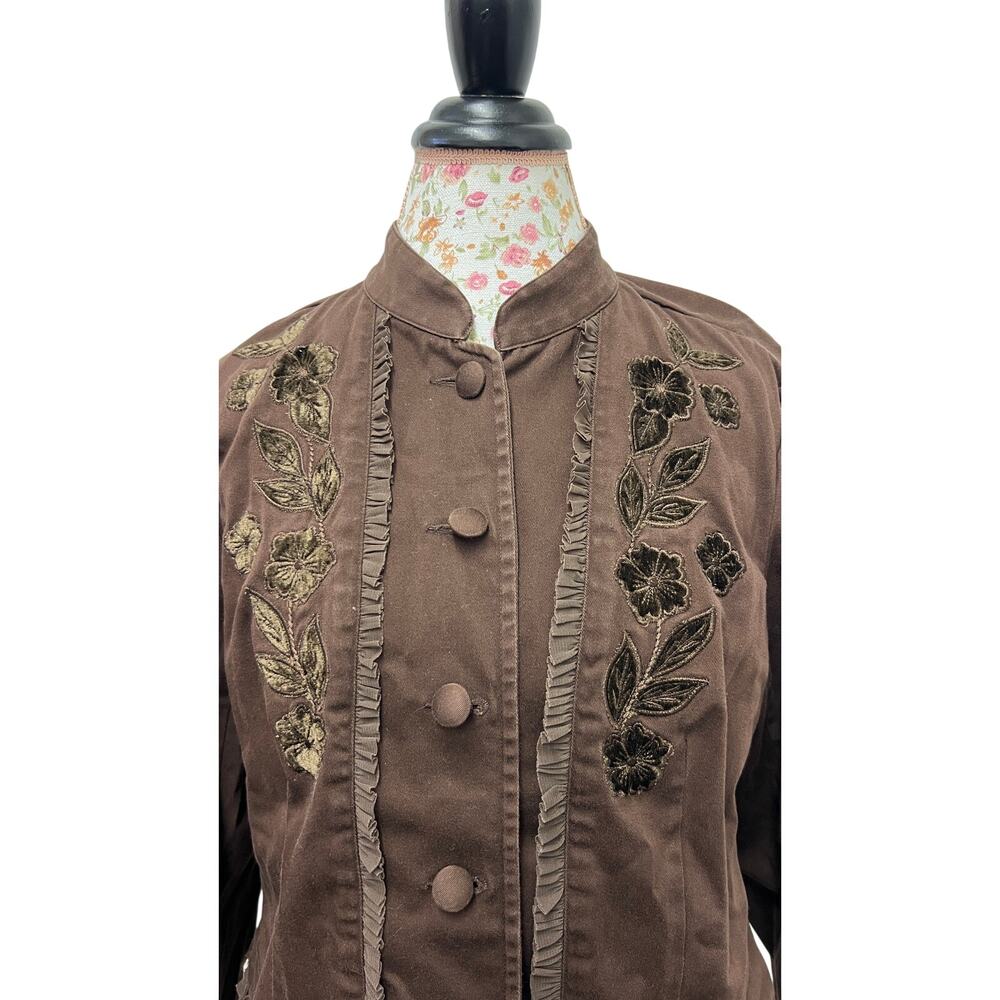 🧥 Talbots 12 Brown Embroidered Jacket Modern Prep Tailored Floral Blazer - Picture 2 of 4